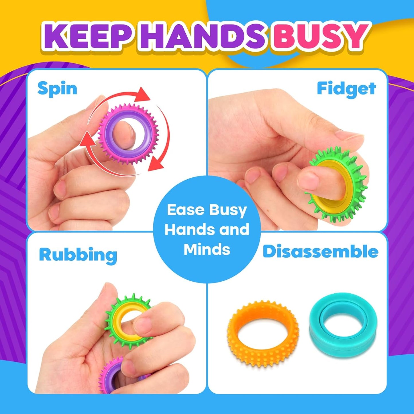Fidget Spinner Rings for Kids – 12/24 Pack Sensory Stress Relief Toys for Anxiety, ADHD, Autism – Textured Finger Spinners for Focus, Classroom Rewards, Stocking Stuffers, Party Favors