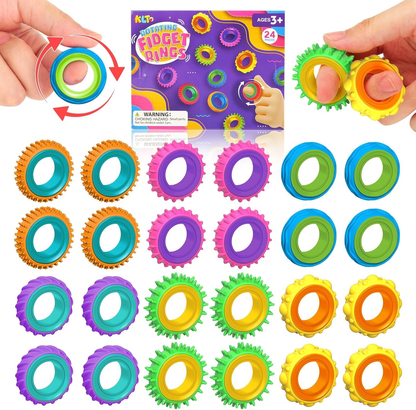 Fidget Spinner Rings for Kids – 12/24 Pack Sensory Stress Relief Toys for Anxiety, ADHD, Autism – Textured Finger Spinners for Focus, Classroom Rewards, Stocking Stuffers, Party Favors