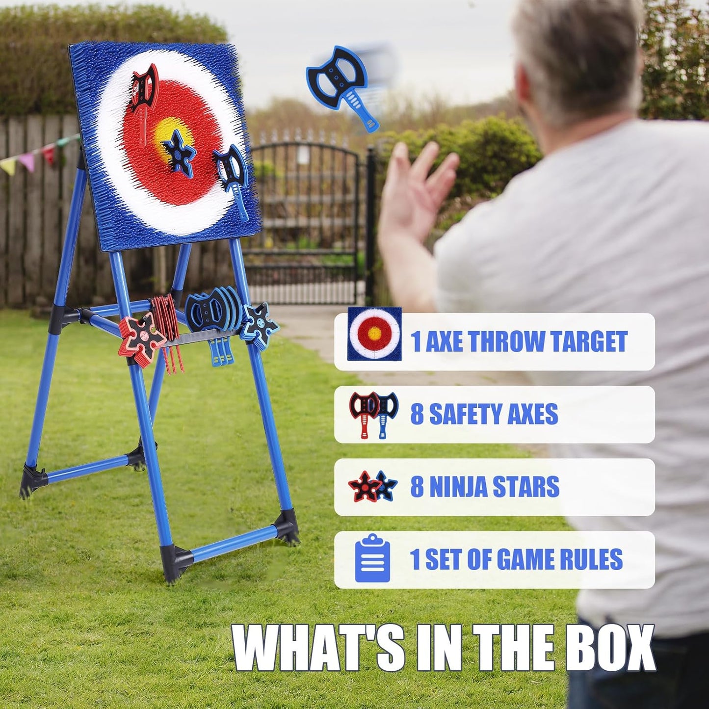 Axe Throwing Game Set for Backyard – 8 Foam Axes with Foldable Plastic Target – Safe Outdoor Game for Adults and Kids, Backyard Party & Carnival Games