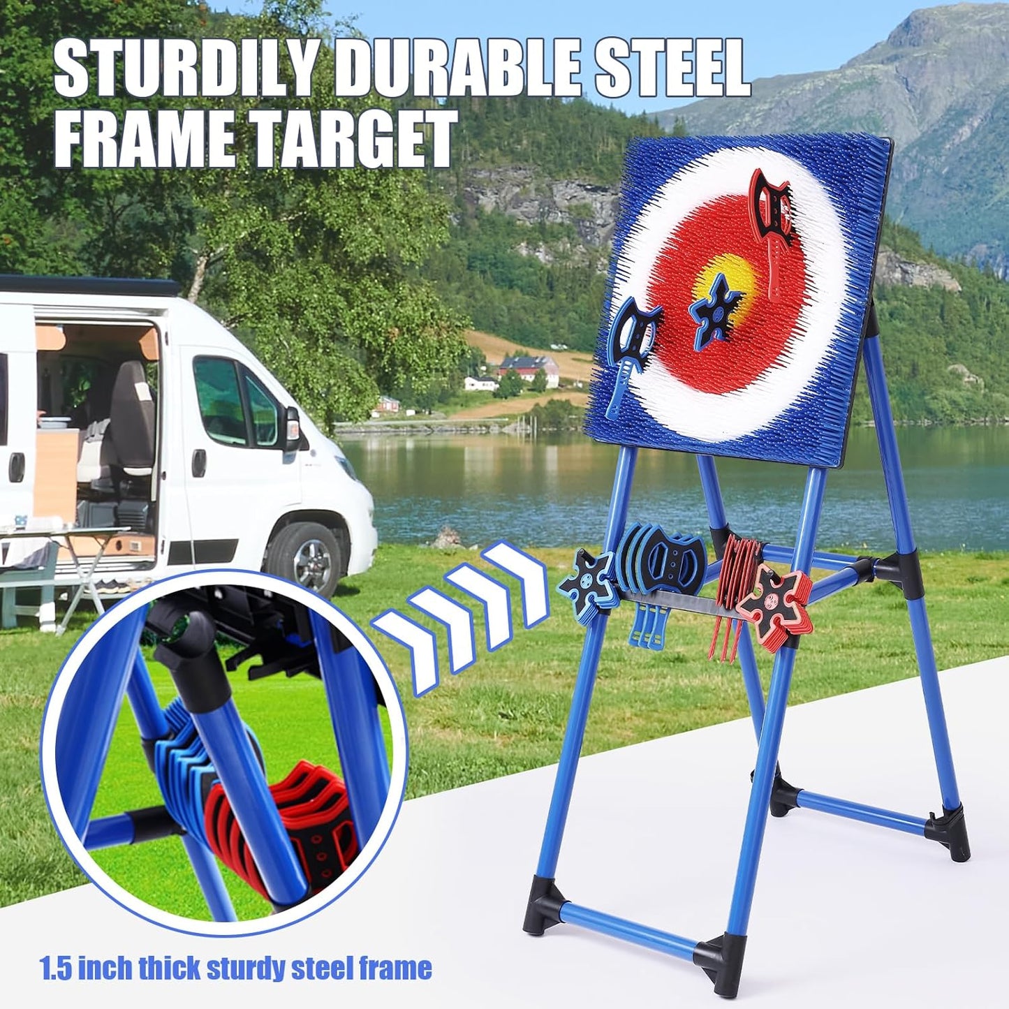 Axe Throwing Game Set for Backyard – 8 Foam Axes with Foldable Plastic Target – Safe Outdoor Game for Adults and Kids, Backyard Party & Carnival Games