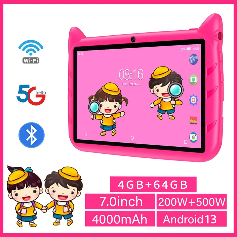 7-Inch Kids Tablet Android 13 – 4GB RAM 64GB ROM, 1TB Expandable, 5G WiFi, Dual Camera, 4000mAh Battery | Child-Friendly Tablet with Parental Controls & Educational Apps