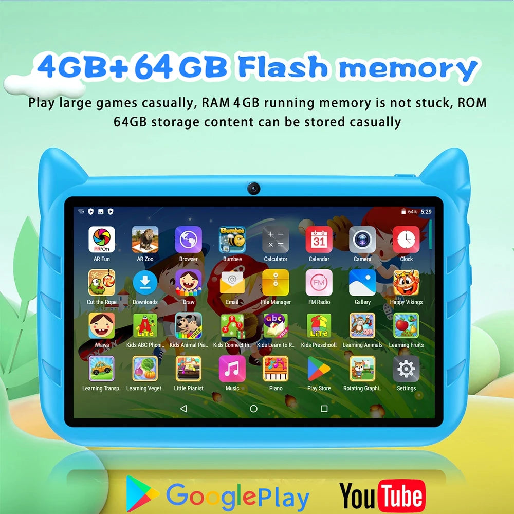 7-Inch Kids Tablet Android 13 – 4GB RAM 64GB ROM, 1TB Expandable, 5G WiFi, Dual Camera, 4000mAh Battery | Child-Friendly Tablet with Parental Controls & Educational Apps