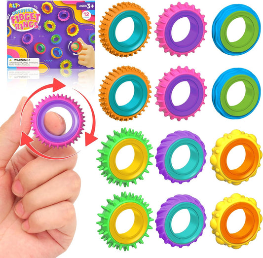 Fidget Spinner Rings for Kids – 12/24 Pack Sensory Stress Relief Toys for Anxiety, ADHD, Autism – Textured Finger Spinners for Focus, Classroom Rewards, Stocking Stuffers, Party Favors